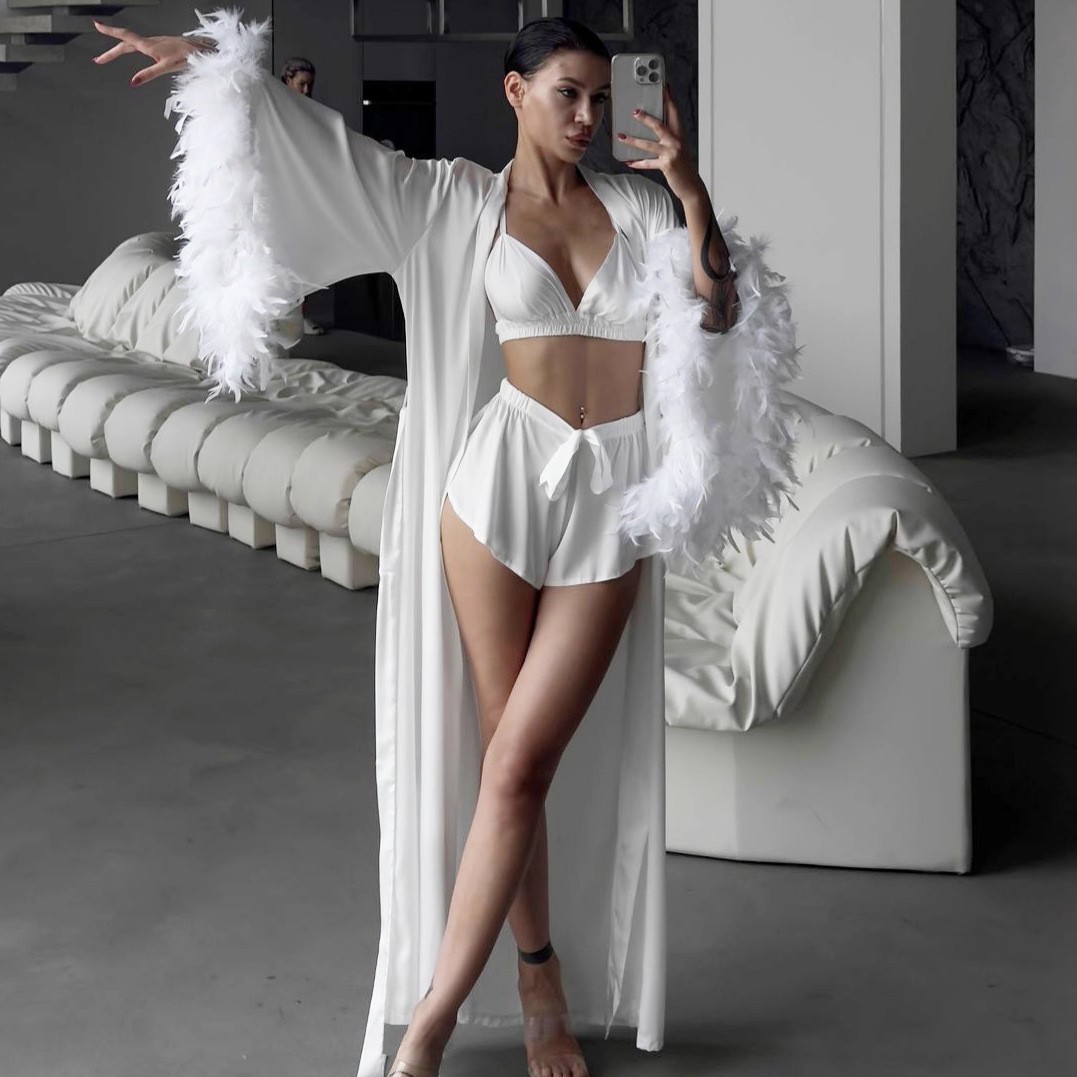 Three Set Feather Trim Robe Eu - đánh giá và giá Bathrobe